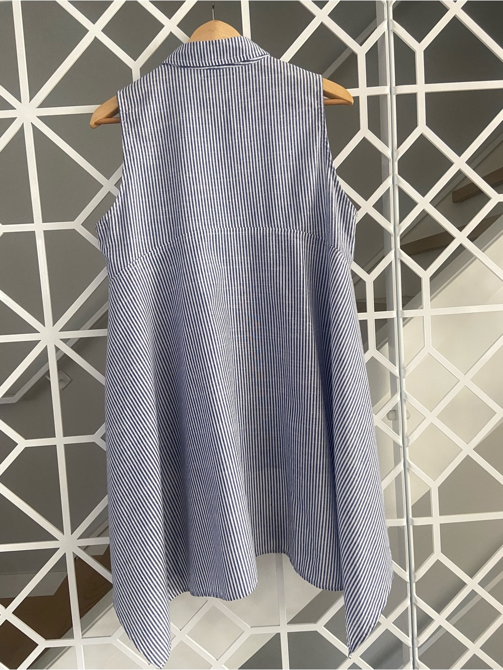 FOR CYNTHIA Linen Cotton Striped Shirt Medium Blue White Fishtail Hem Button Up - Picture 3 of 8